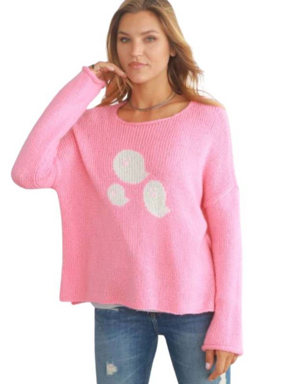 Wooden Ships Mini Ghosts Crew Sweater in Pretty Pink M/L NWT Fall Halloween
